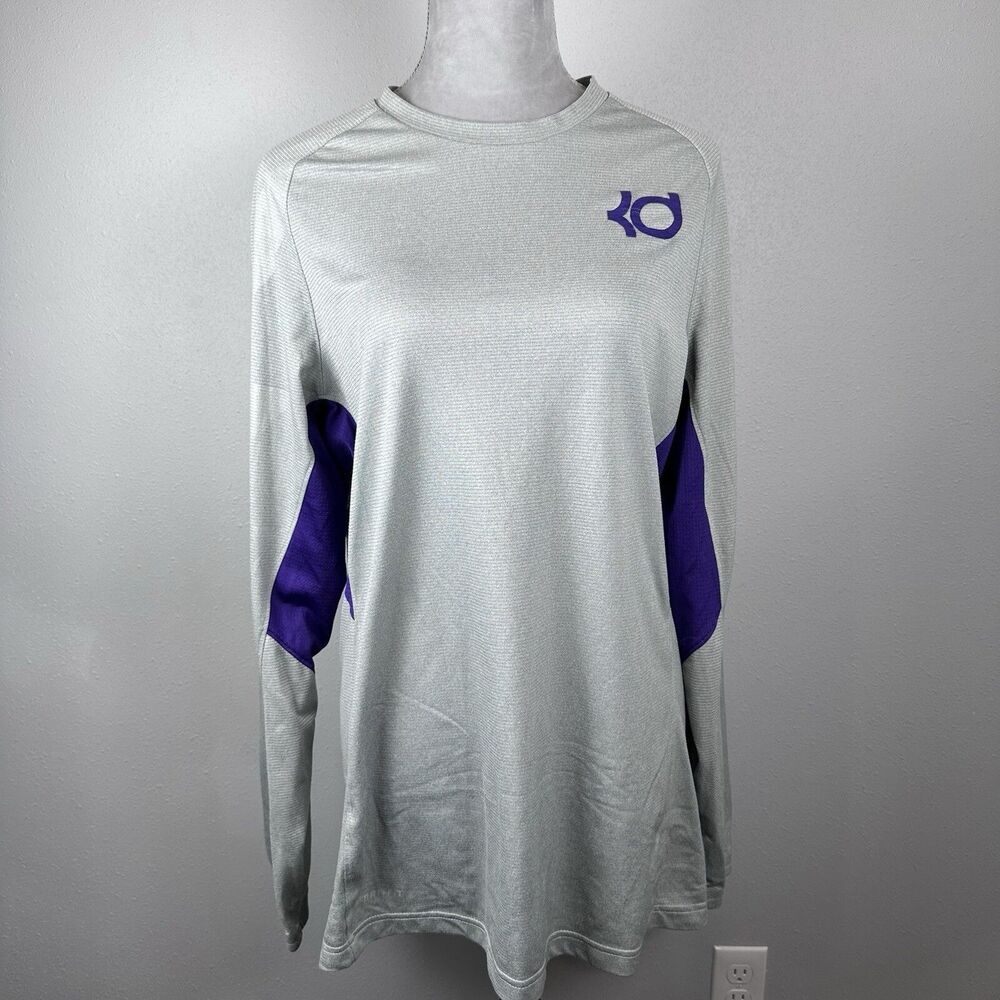 Nike KD Logo Kevin Durant Dri-FIT Basketball Shirt Long Sleeve Gray Purple Large